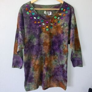 Vintage Risky Small/Medium Tie-Dye Blouse-Embellished-Chunky Stones-Y2K-Retro